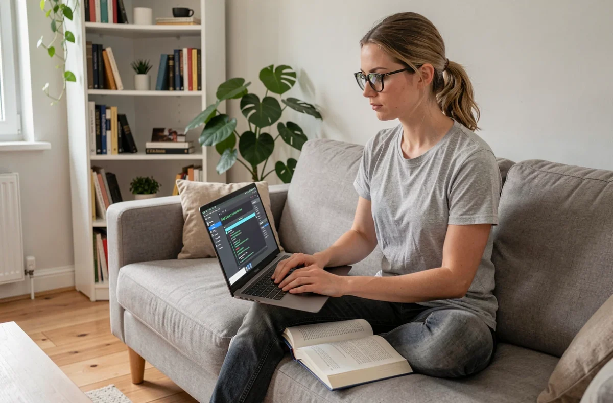 Femme installant Kali Linux sur un ordinateur portable dans un salon moderne
