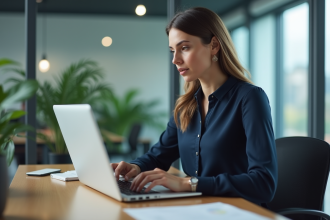 Jeune femme au bureau vérifiant un progrès de conversion de documents
