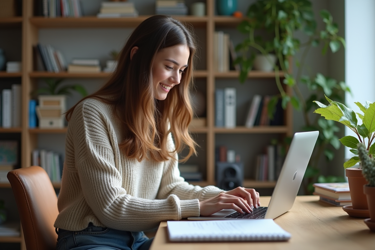 Jeune femme au bureau à domicile souriante devant son ordinateur