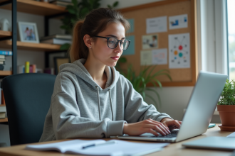 Jeune femme en hoodie travaillant sur son ordinateur dans un bureau moderne