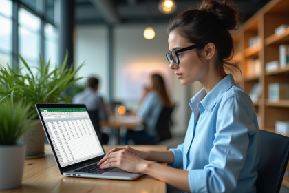Jeune femme au bureau analysant des données sur un ordinateur portable
