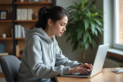 Jeune femme concentrée sur son ordinateur dans un salon cosy
