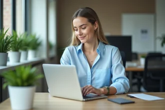 Jeune femme en blouse bleue travaillant sur son ordinateur dans un bureau moderne