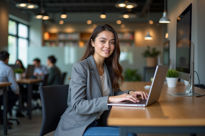 Jeune femme en coworking travaillant sur un ordinateur