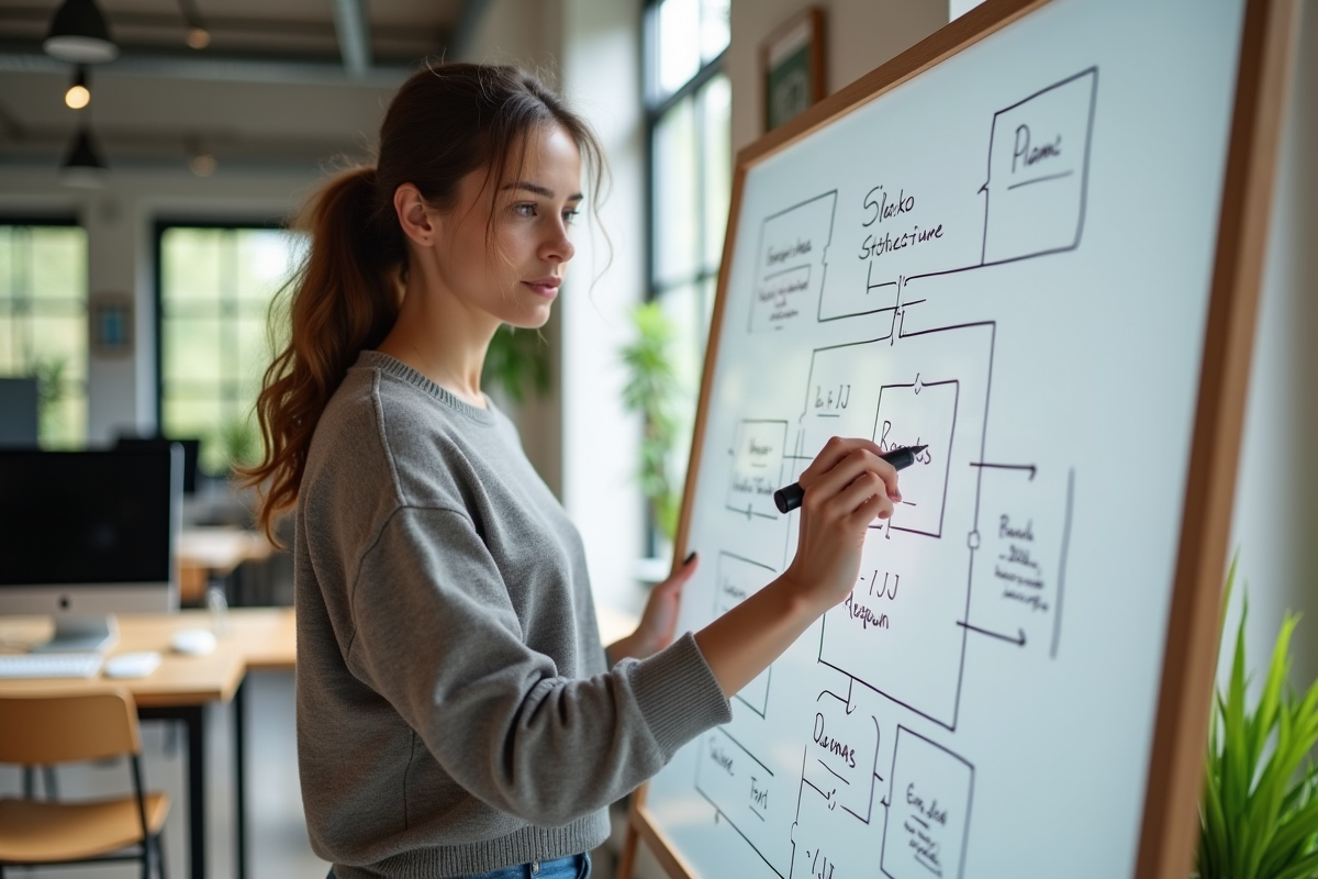 Jeune femme esquissant une structure de site sur un tableau blanc