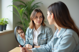 Jeune femme regardant son reflet dans un miroir dans un studio lumineux