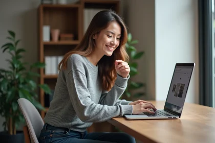 Jeune femme en sweater gris utilisant son ordinateur pour uploader une image