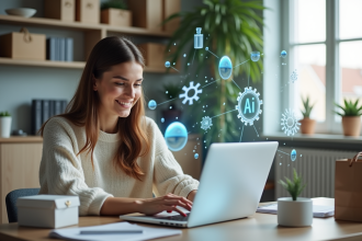 Jeune femme utilisant un ordinateur dans une maison moderne avec visualisations holographiques