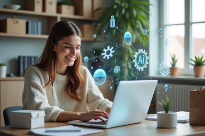 Jeune femme utilisant un ordinateur dans une maison moderne avec visualisations holographiques