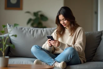 Jeune femme assise sur un canapé avec smartphone dans un intérieur moderne