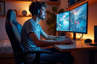 Jeune homme jouant à l'ordinateur dans sa chambre moderne