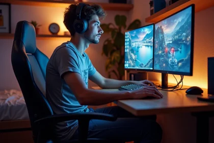 Jeune homme jouant à l'ordinateur dans sa chambre moderne