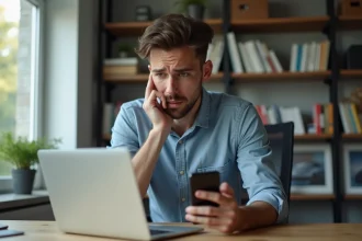 Jeune homme inquiet avec ordinateur et smartphone dans un bureau moderne