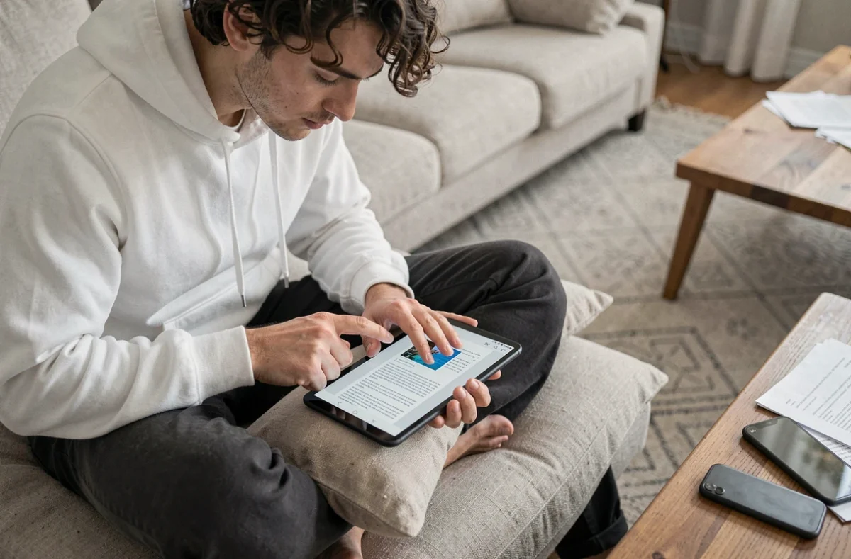 Jeune homme sur un canapé utilisant un doigt pour coller du texte sur une tablette Android avec un smartphone posé à côté, illustrant le presse-papier partagé sur Android