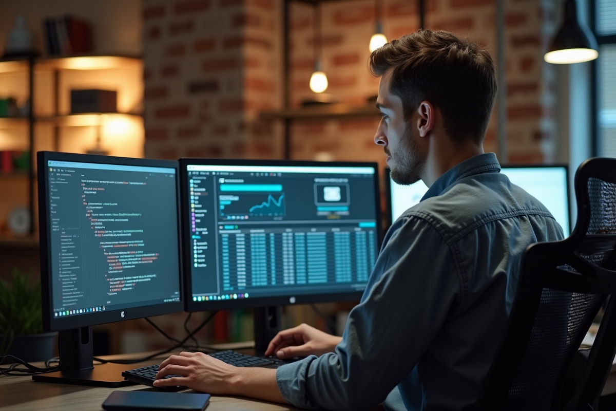 Jeune homme collaborant sur un tableau de bord de base de donnees