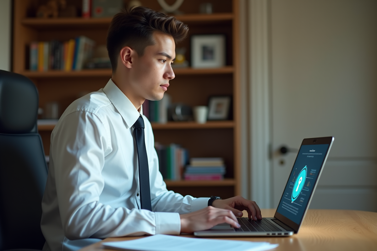 Jeune homme chiffre des documents numériques sur son ordinateur portable