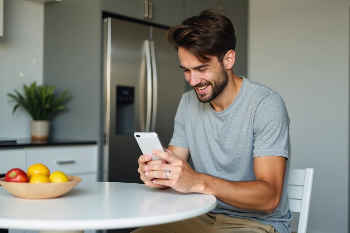 Jeune homme souriant utilisant son iPhone dans une cuisine moderne