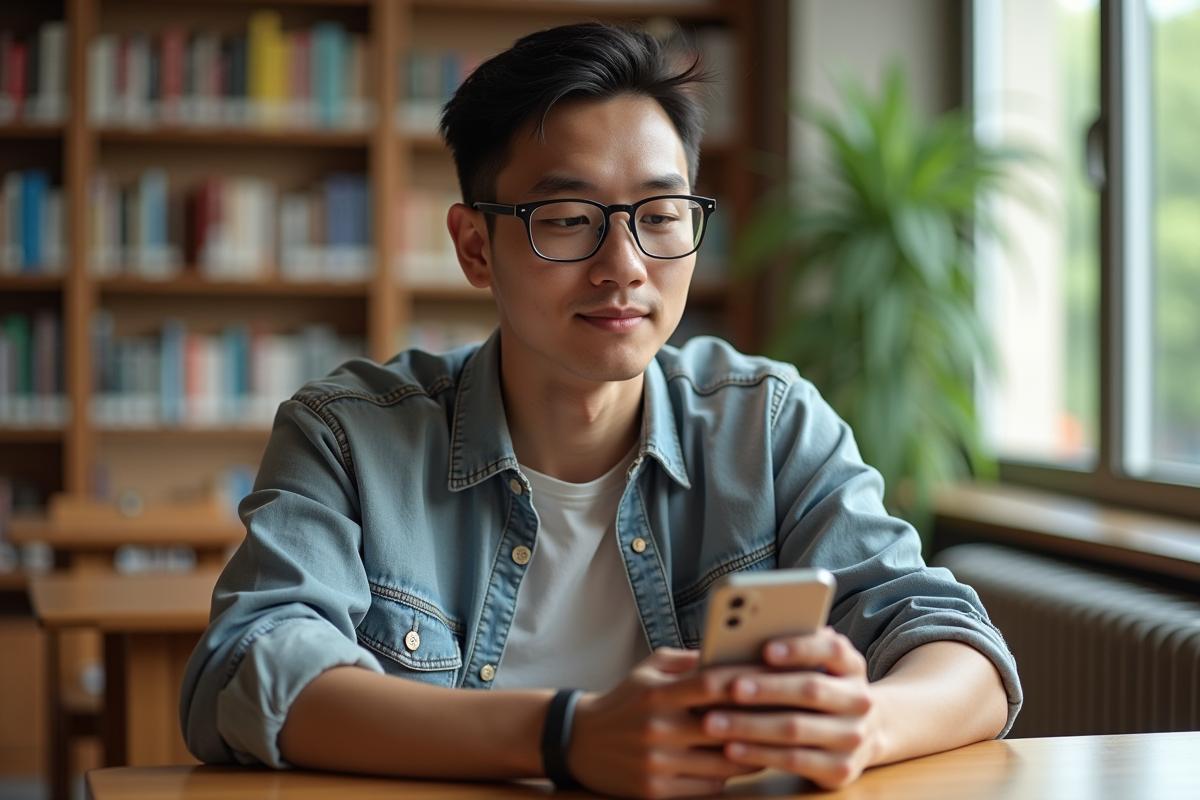 Jeune homme avec smartphone dans une bibliothèque