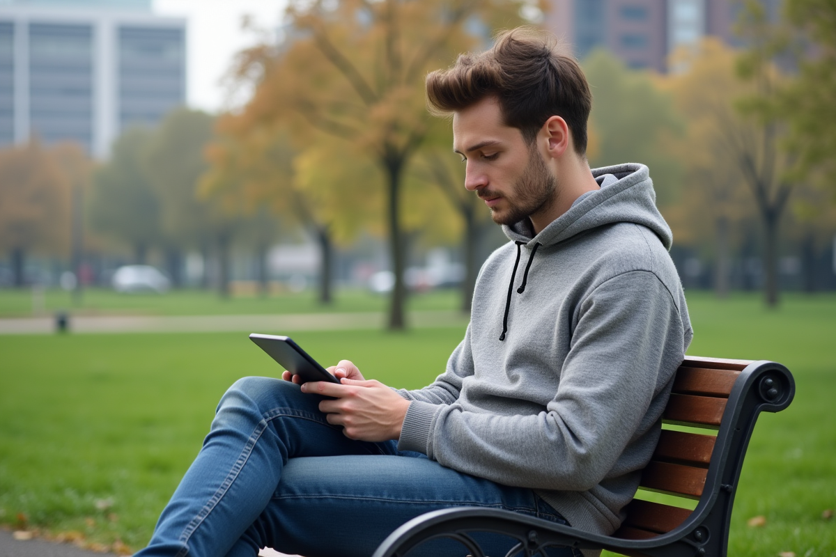 Jeune homme assis dans un parc utilisant une tablette en extérieur
