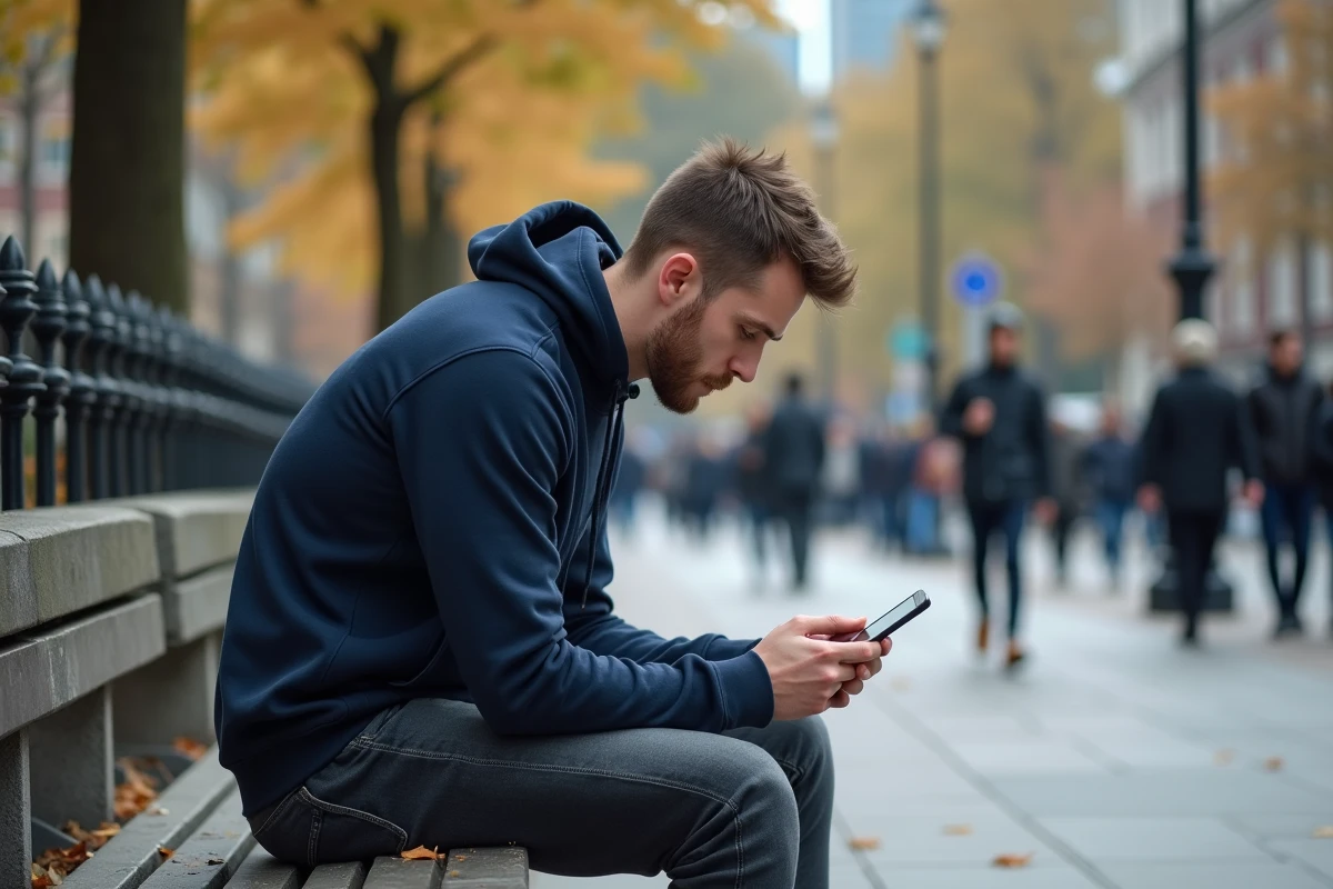 Jeune homme concentré sur son smartphone dans un parc urbain