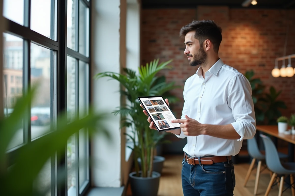Jeune homme pointant une tablette dans un espace de coworking