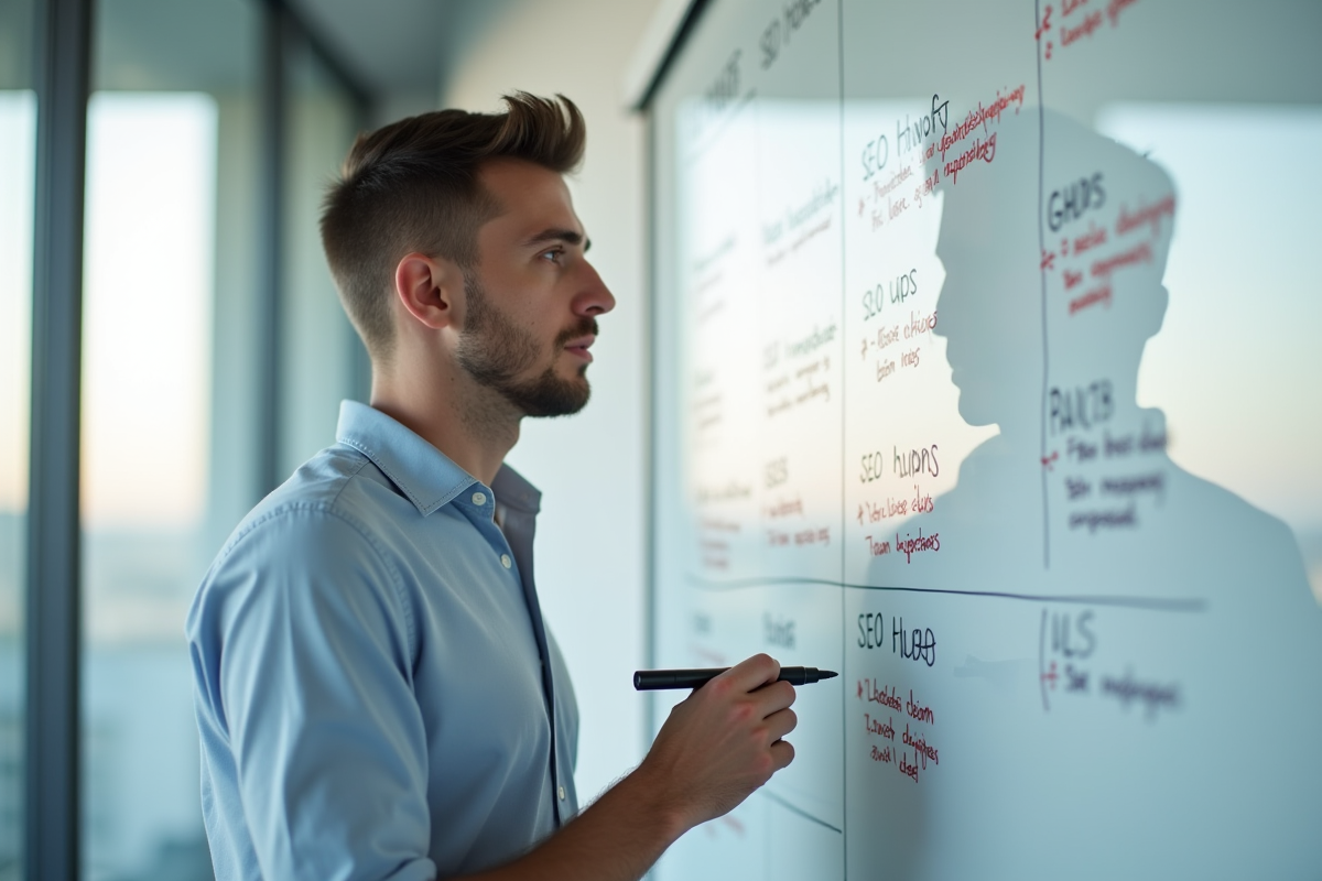 Jeune homme réfléchissant devant un tableau blanc avec des mots-clés SEO