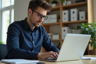 Jeune homme professionnel tapant sur son ordinateur dans un bureau moderne
