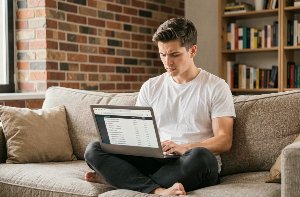 Jeune homme vérifiant les extensions de fichiers et la progression d'un téléchargement eMule sur son ordinateur portable dans son appartement