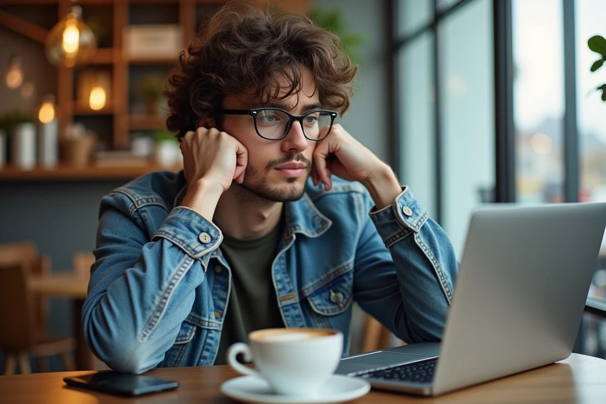 Jeune homme lisant des avis sur un téléphone Google dans un café avec ordinateur et smartphone