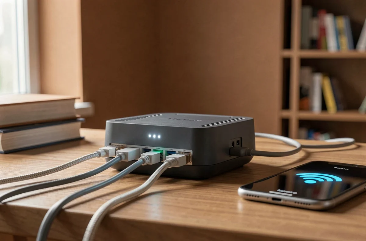 Livebox avec voyant LED blanc clignotant posée sur un bureau en bois avec câbles ethernet et smartphone affichant une erreur Wi-Fi