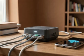 Livebox avec voyant LED blanc clignotant posée sur un bureau en bois avec câbles ethernet et smartphone affichant une erreur Wi-Fi