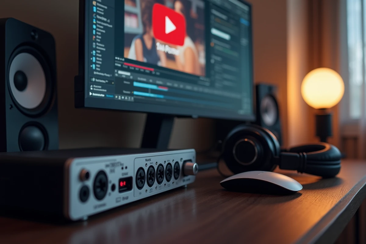 Bureau informatique avec logiciel de conversion audio WAV ouvert à côté de YouTube sur un écran de PC de bureau