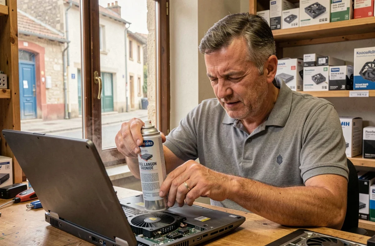 Technicien Marcoservices Dépannage Informatique Langon nettoyant un ventilateur d'ordinateur portable en atelier