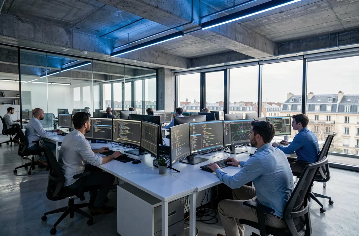 Centre opérationnel de cybersécurité en Seine-Saint-Denis avec des analystes surveillant des écrans de monitoring réseau