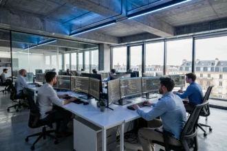 Centre opérationnel de cybersécurité en Seine-Saint-Denis avec des analystes surveillant des écrans de monitoring réseau