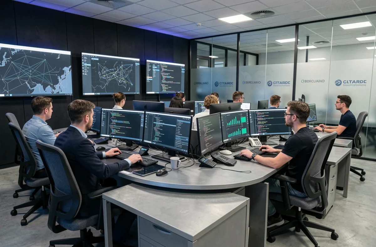 Salle d'opérations cybersécurité dans le Grand Est avec analystes devant des écrans de surveillance réseau