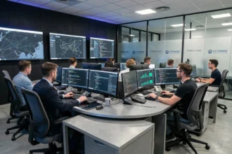 Salle d'opérations cybersécurité dans le Grand Est avec analystes devant des écrans de surveillance réseau