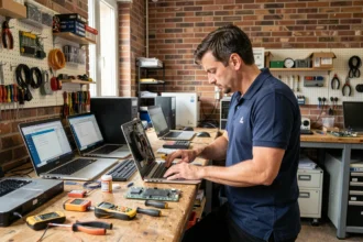 Atelier de réparation informatique professionnel en Gironde avec des ordinateurs et des outils techniques sur un établi