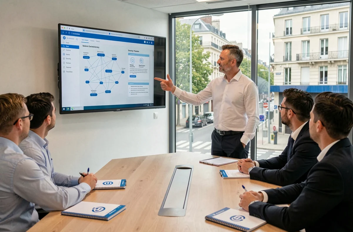 Consultant en cybersécurité d'Ocineo présentant un rapport d'audit de sécurité à son équipe