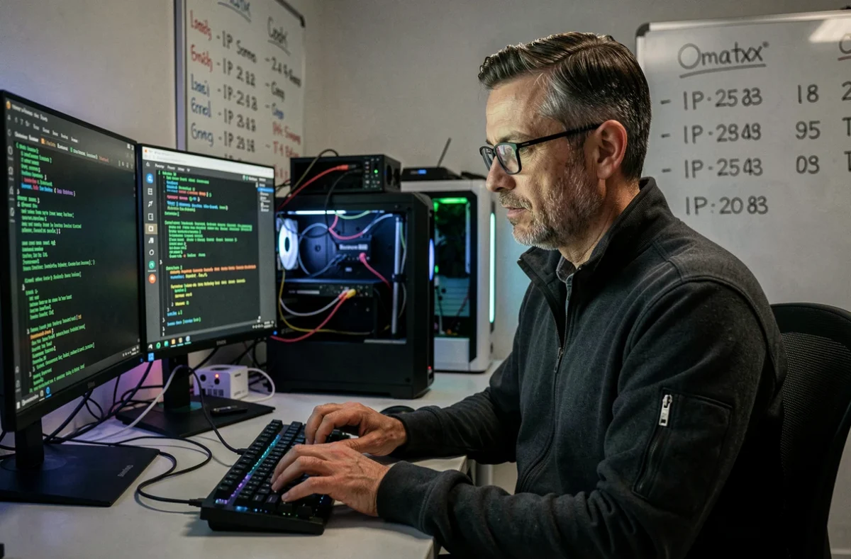 Expert en tests d'intrusion d'Omatyx effectuant une analyse de vulnérabilités sur des terminaux réseau