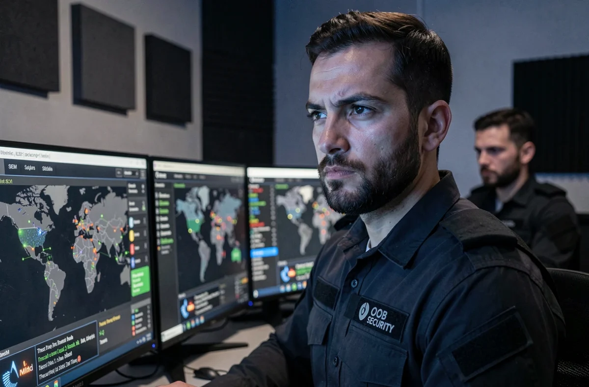 Analyste cybersécurité d'OOB Security surveillant des alertes de menaces en temps réel sur des écrans SIEM