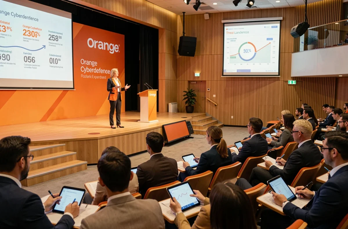 Experte Orange Cyberdefense présentant un bilan cybersécurité à des clients régionaux dans un auditorium moderne