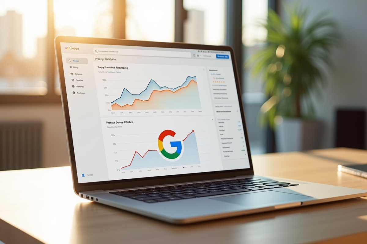 Ordinateur portable affichant un tableau de bord analytique dans un bureau lumineux