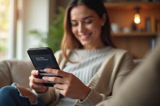 Personne souriante effectuant un paiement en ligne avec un smartphone