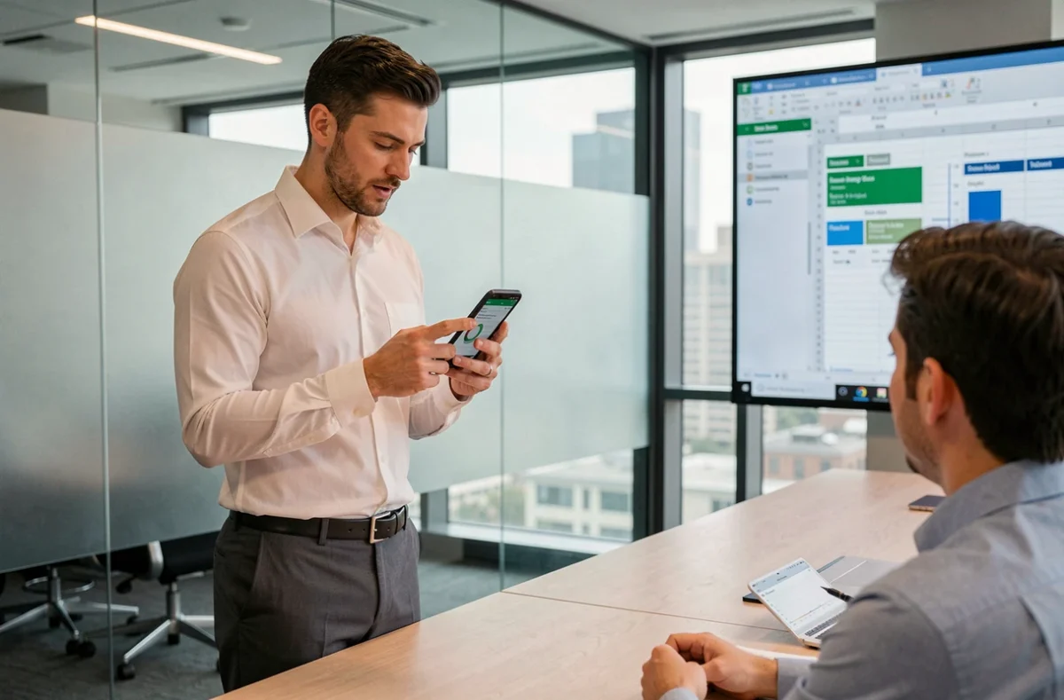Professionnel partageant une capture d'écran Samsung avec un collègue en salle de réunion pour améliorer la productivité au travail