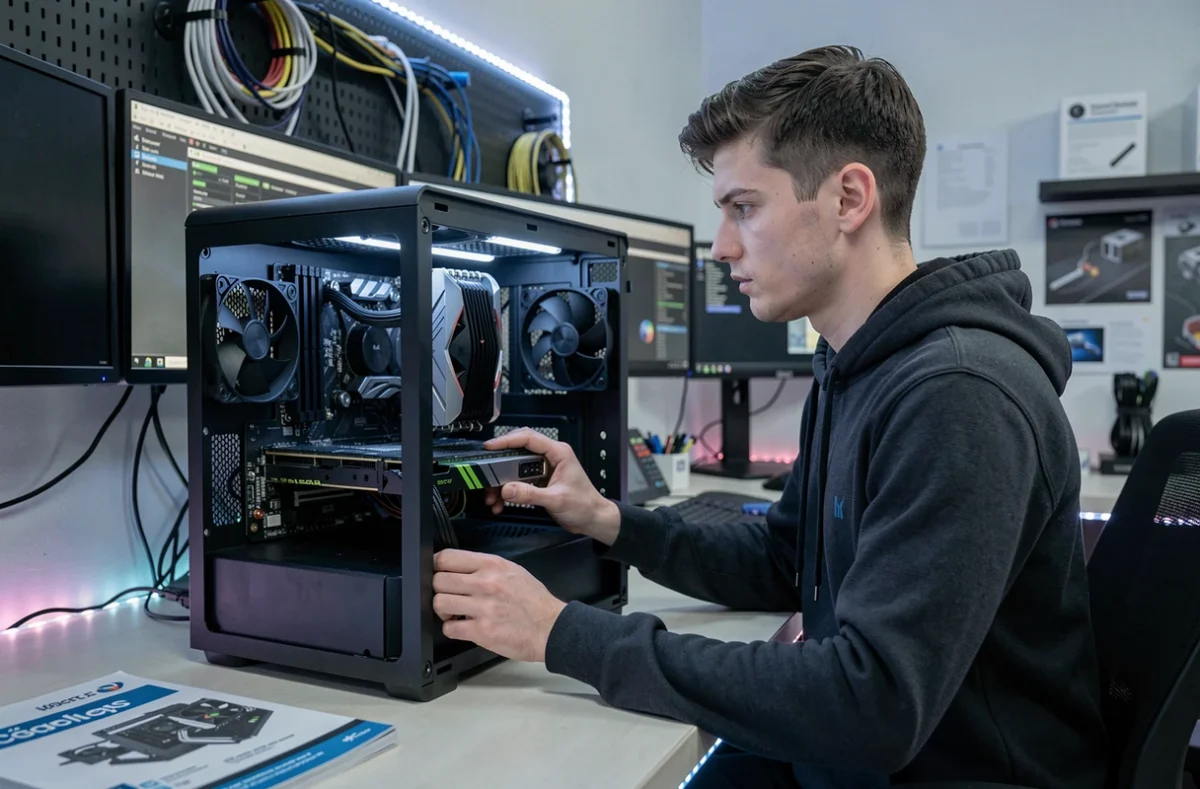 Technicien Pc-configs configurant un PC personnalisé avec GPU et RAM visibles dans un atelier informatique moderne