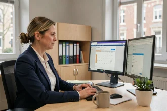 Personnelle administrative utilisant SOGo sur un ordinateur dans un bureau universitaire à Lille