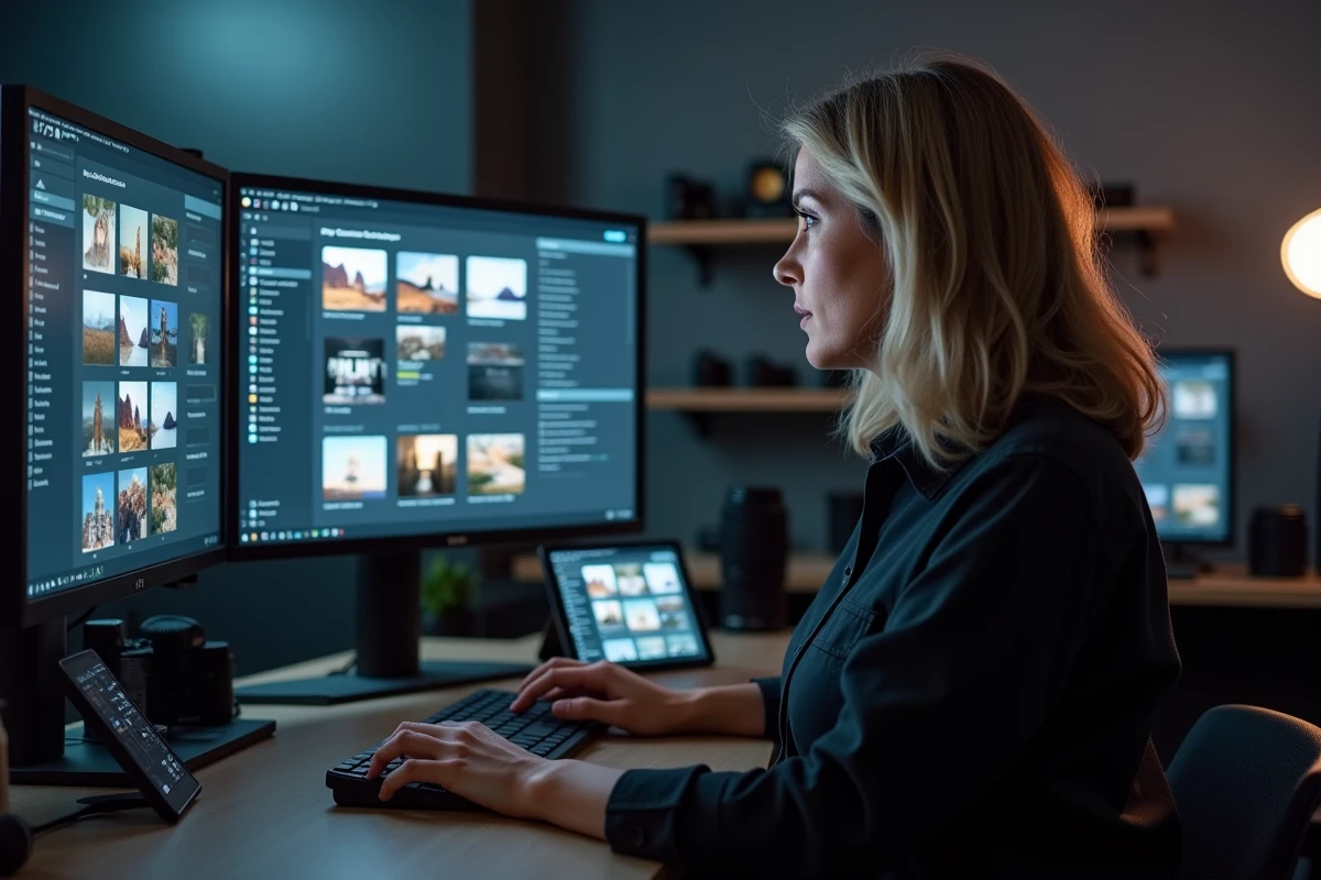 Photographe professionnelle gérant l'upload en masse de photos vers plusieurs plateformes cloud depuis son studio équipé de deux écrans