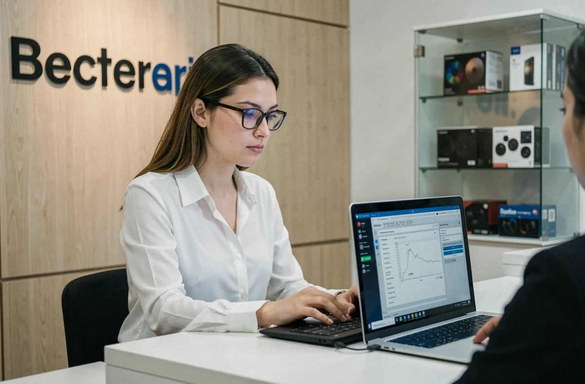 Technicienne de Preniuma Informatique diagnostiquant un ordinateur portable à l'accueil d'une boutique moderne