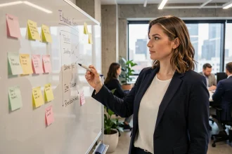 Product owner femme devant un tableau blanc avec des notes de fonctionnalités et un découpage feature by feature dans un bureau moderne